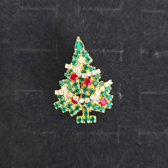 Eisenberg Ice Christmas Tree Pin Rhinestone Green Red Gold Tone‎ Brooch - Picture 14 of 16